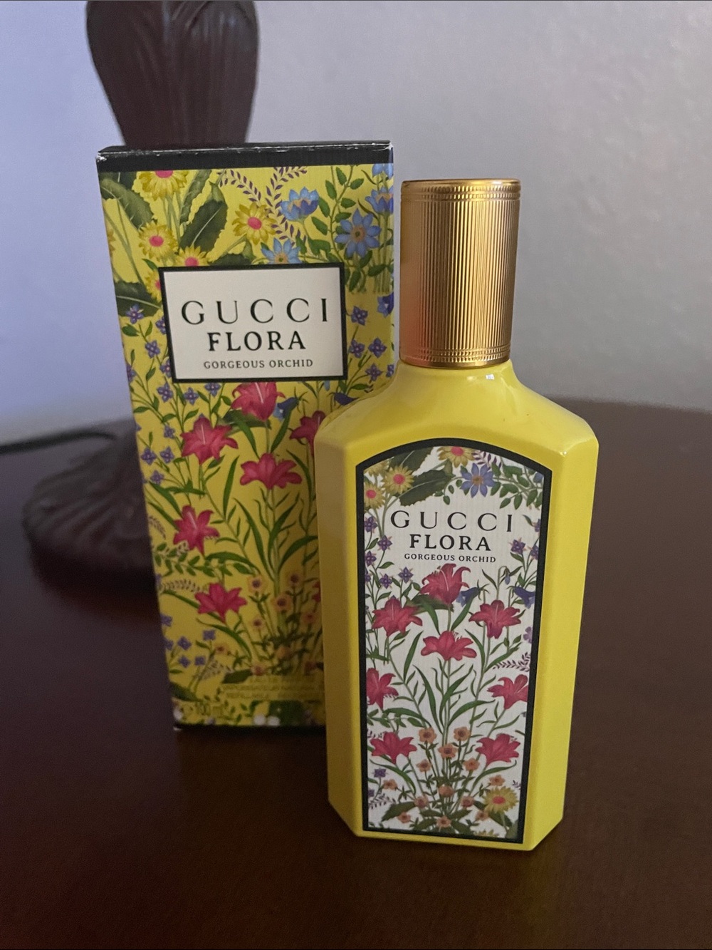 Gucci Flora Gorgeous Orchid Yellow Floral Perfume Box with Pink & Blue Accents